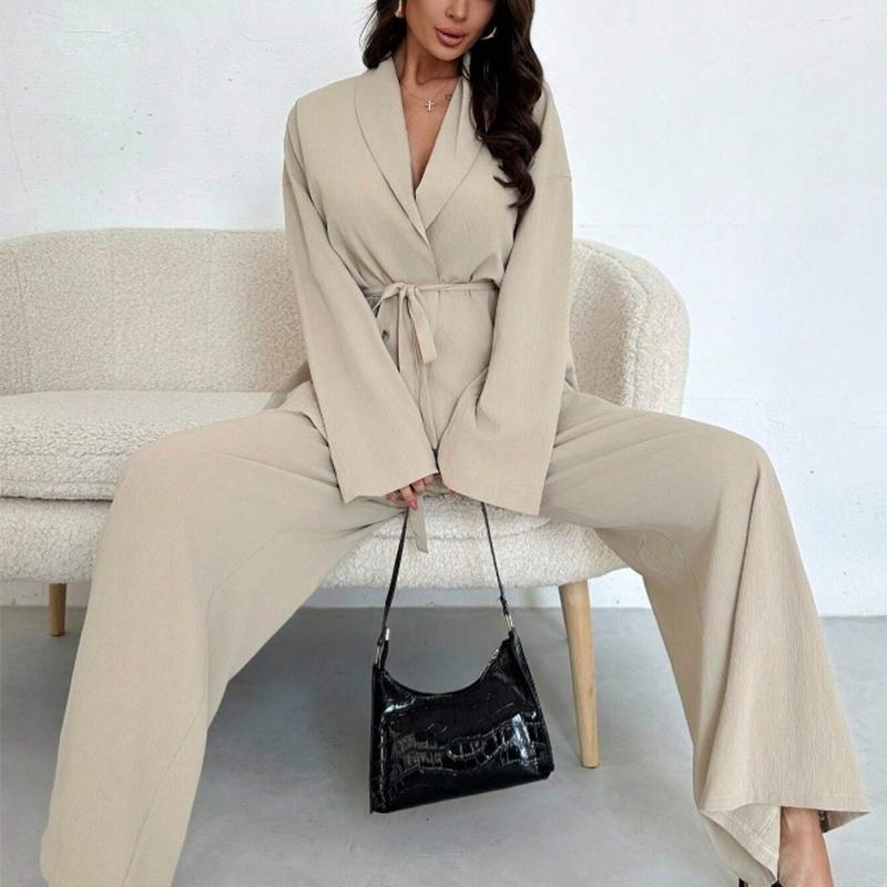 Damen 2-teiliges passendes Set Langarm-Oberteil mit Gürtel Weitbeinige Hose Business Casual Set Outfit
