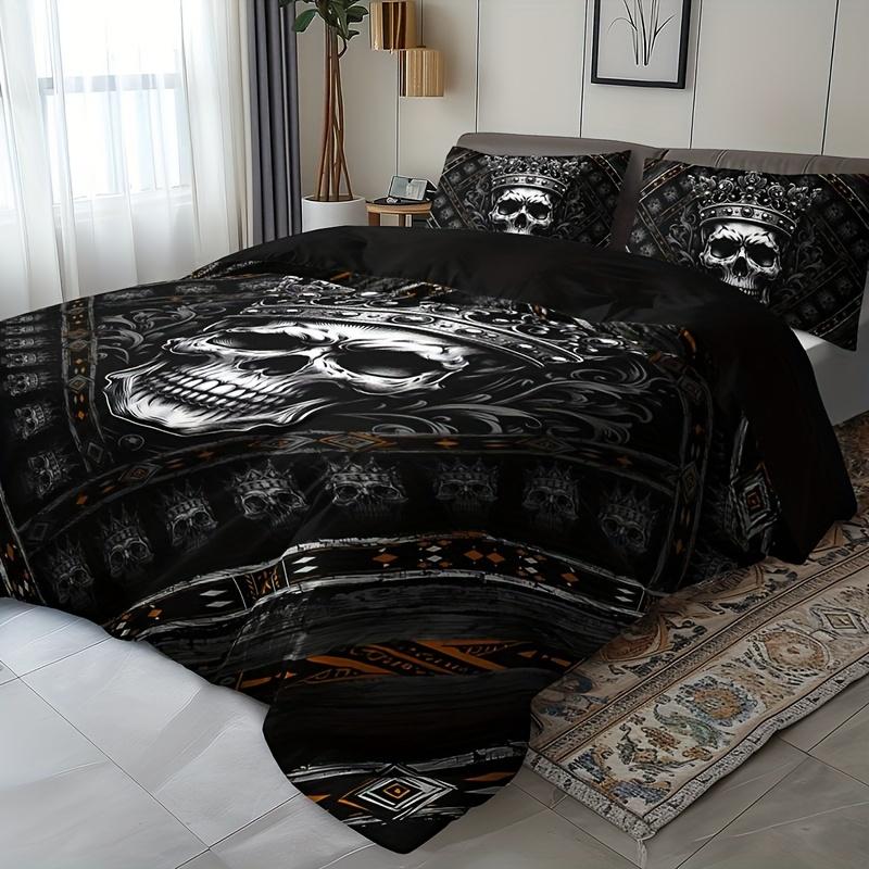 3pcs Skull Crown Pattern Duvet Cover Set, 100% Polyester, Breathable All-Season Bedding, Machine Washable, Digital Print