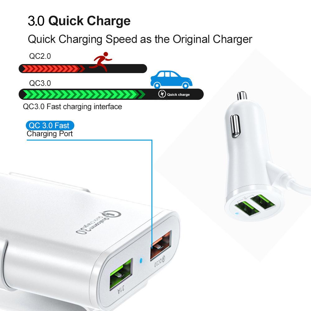 QC3.0 5.6 Ft Extension Cable 4-port USB Car Charger for Fast Charging for IPhone and Xiaomi Mobile Driving Recorder