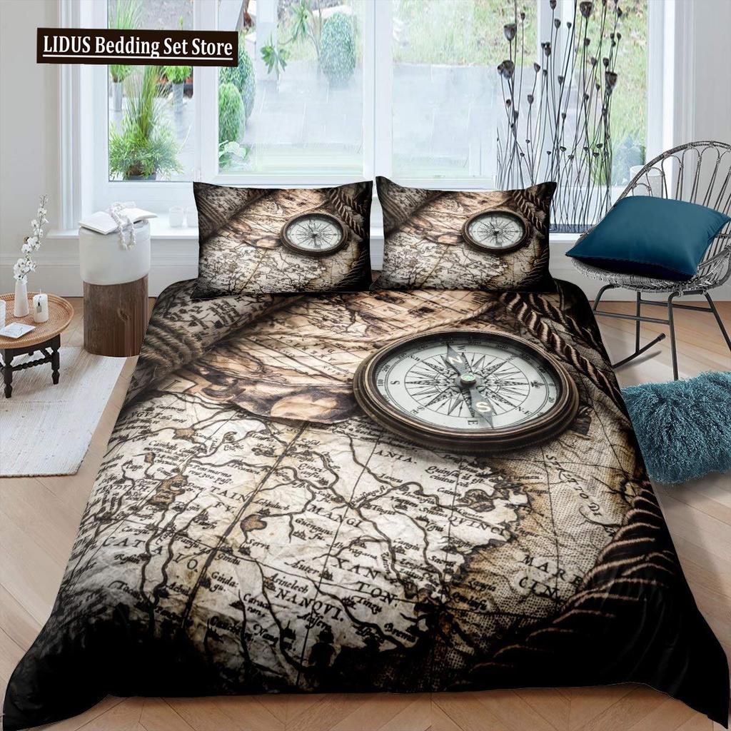 Nautical Duvet Cover Set Boat Pirate Bedding Set King Size Retro Sailboat Brown Comforter Cover Anchor Compass Vintage Quilt Set
