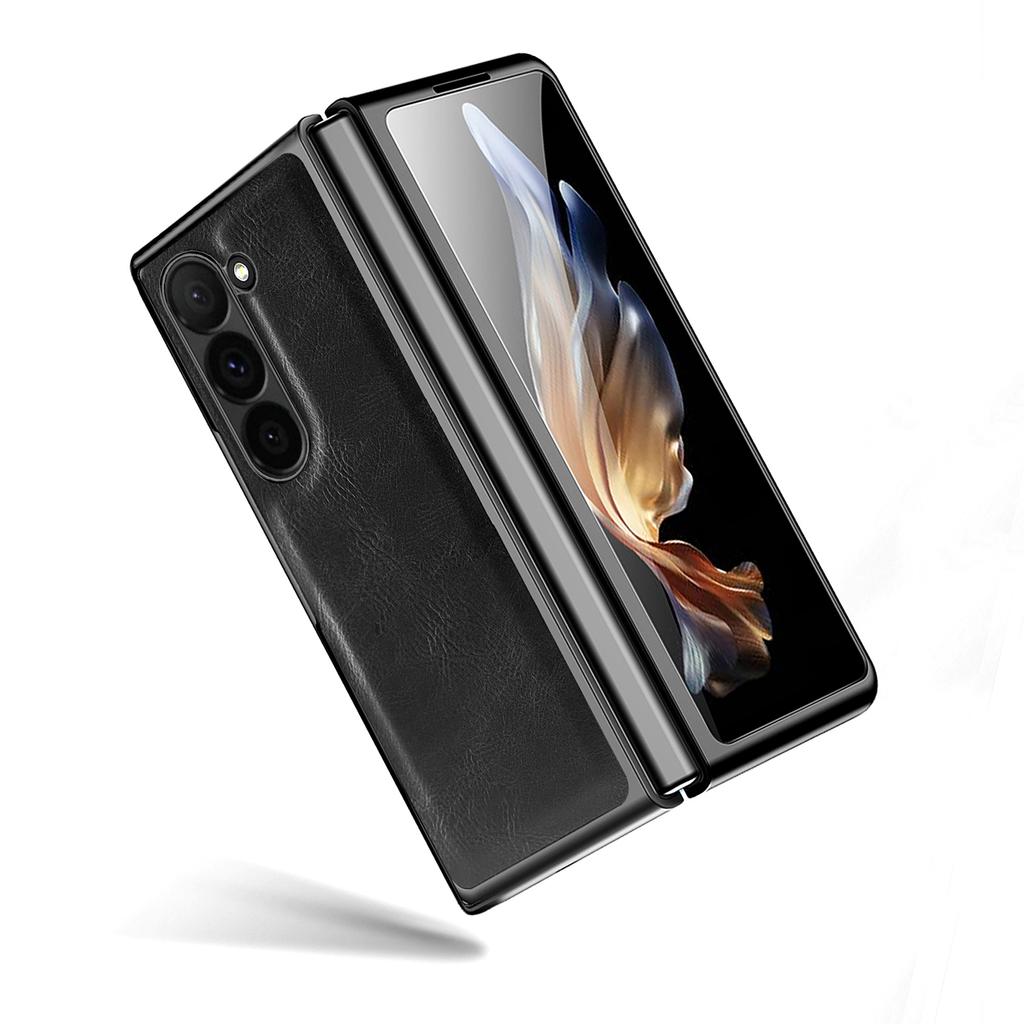 VIETAO Crazy Horse Plain PU Leather Mobile Phone Case with Temper Glass for Samsung Galaxy Z Fold 6 Fold 5 Fold 4 Fold 3 Fold 2