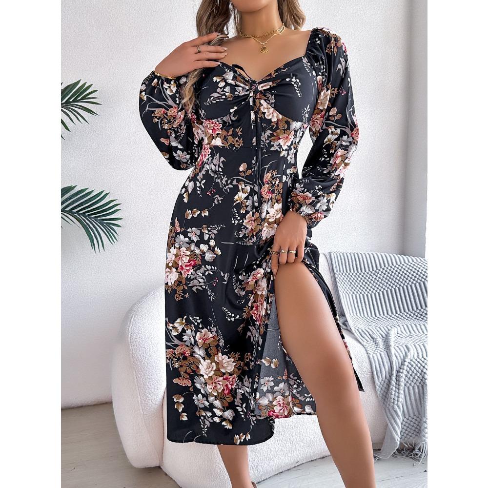 Spring Summer Sexy Tie Knot Floral Long Sleeve Split Dress Women's Dresses Skirt