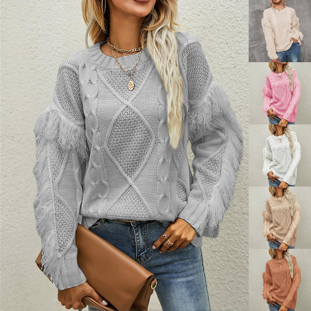 Women's Sweater Casual Round Neck Knit Solid Color Long-sleeved Tassel Pullover