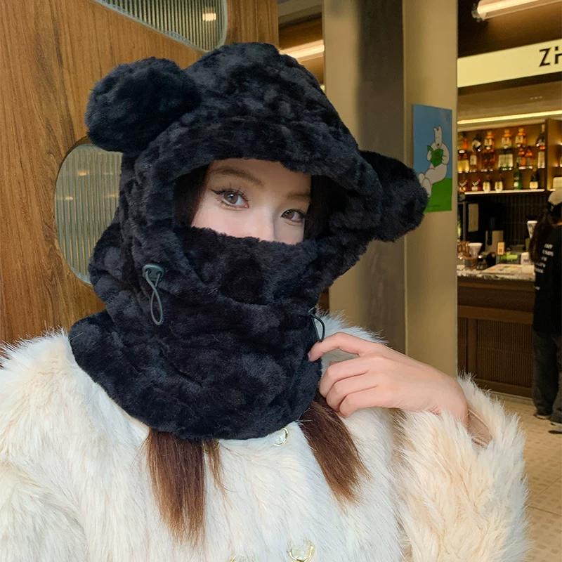 Bear Hat and Scarf Set for Women, Winter Warm and Cute Plush Ear-Protecting Lei Feng Hat, Cycling Three-Piece Set with Neck Warmer for Winter