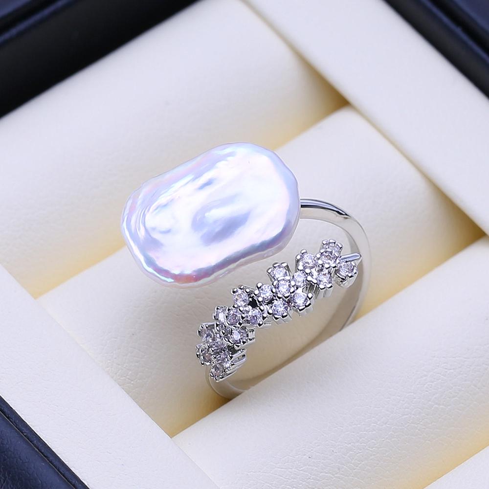 LSOOYH Freshwater Big Baroque Pearl Rings For Women Classic Silver Color Party Ring Anniversary Birthday Gifts