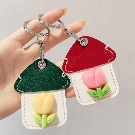2Pcs Elegant Tulip Key Holder Faux Leather House Shape Keychain
