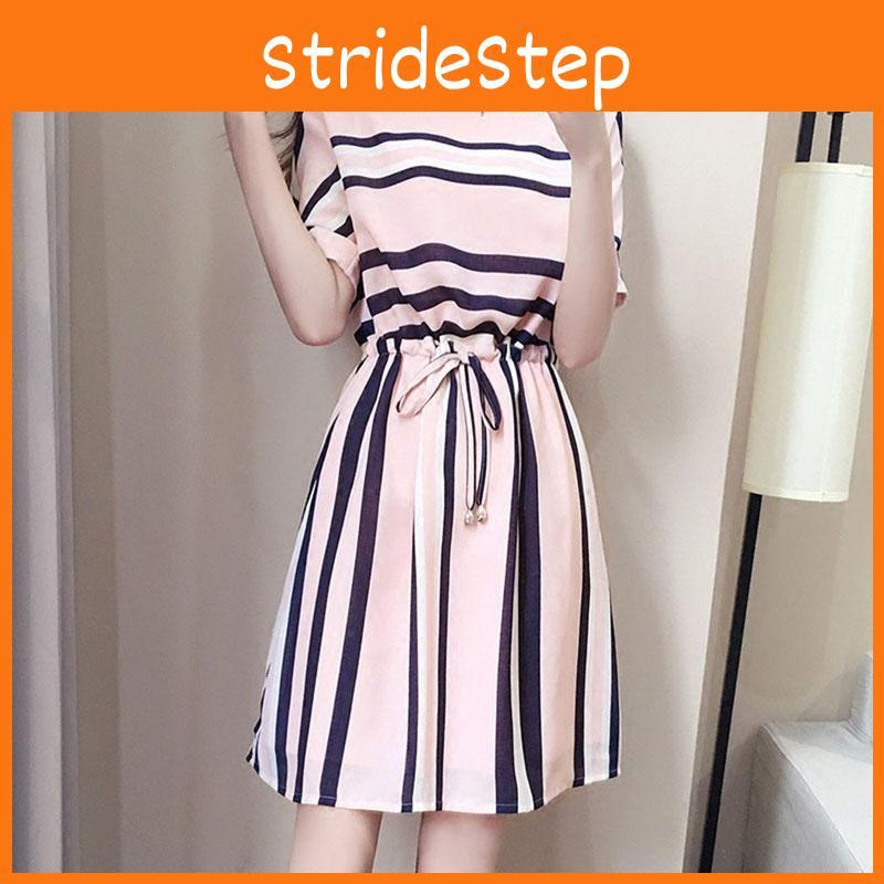 Elegant And Timeless Women Fashion Short Sleeve Casual Dress With Classic Stripes