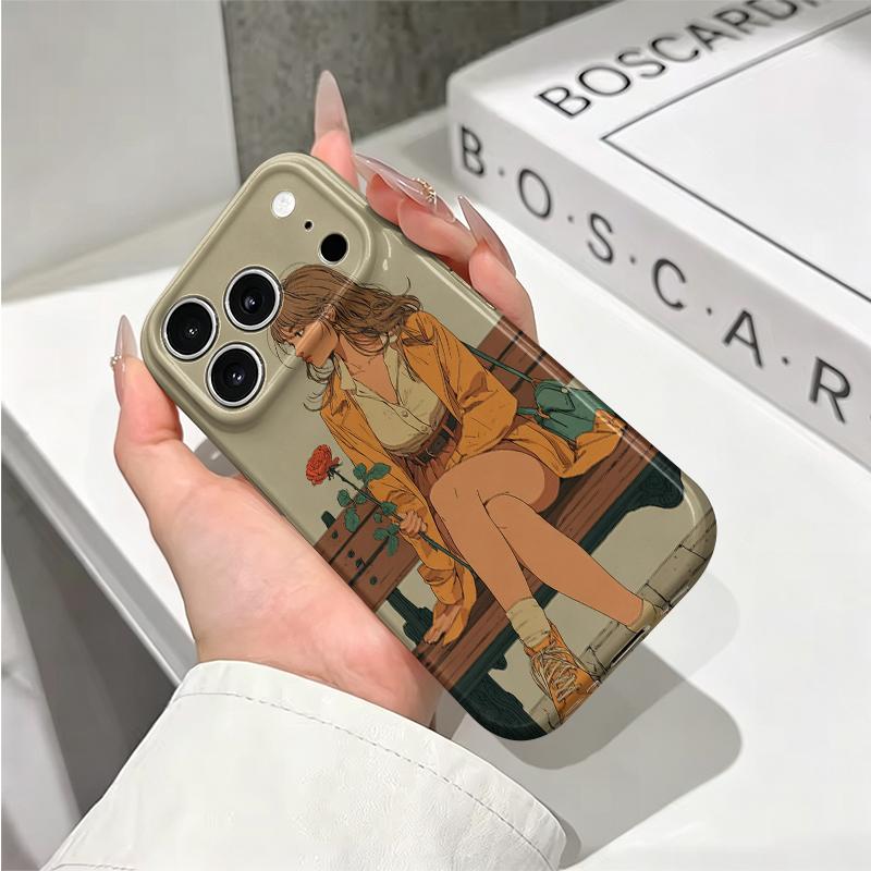 Vintage Lady Red Rose Park Bench Graphic Art Film Aesthetic Protective Shockproof Bumper Phone Case For iPhone 14 15 16 Pro Max Plus