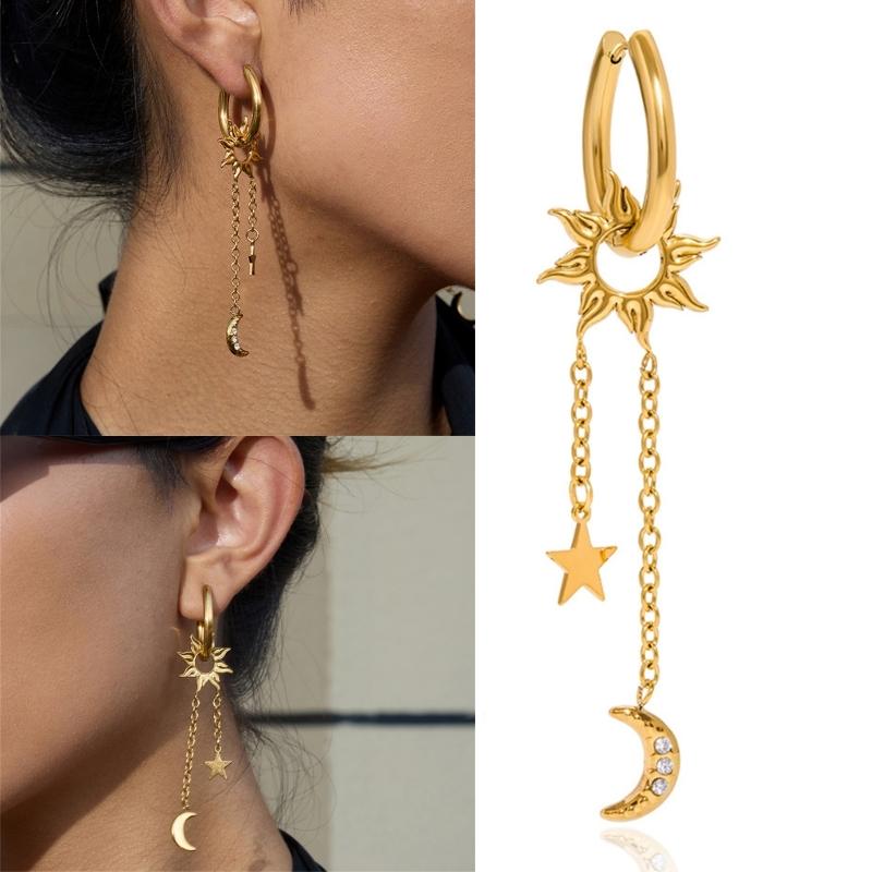 Celestials Dangle Earrings Featuring Crescent Star Charm Crystals Accent and Movable Tassels Detailing