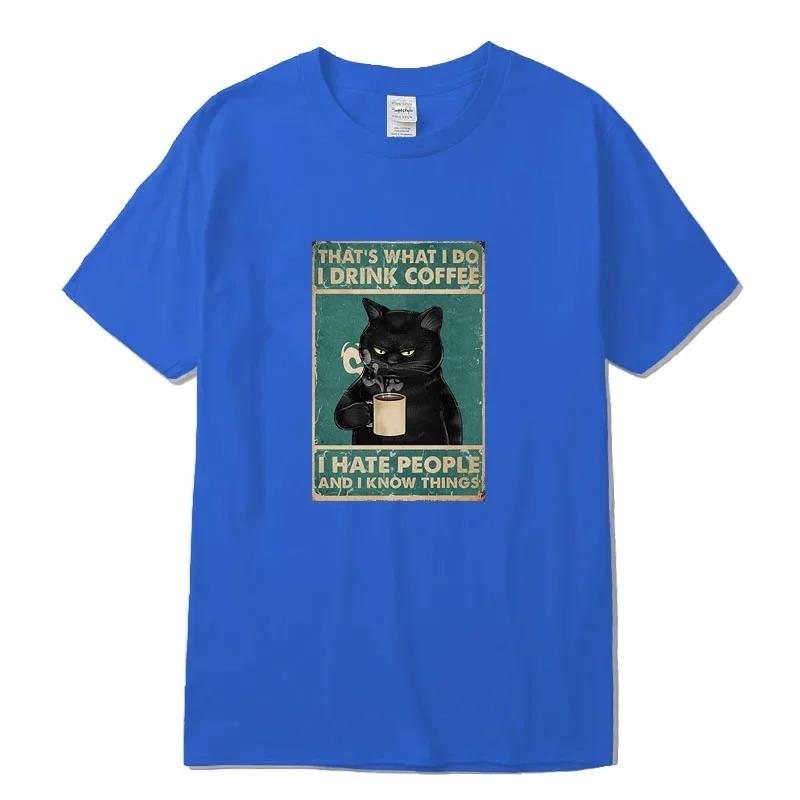 Oversized White Short-Sleeve T-Shirt Featuring "I Drink Coffee I Hate People And I Know Things" Grumpy Black Cat Vintage Meme Graphic Print