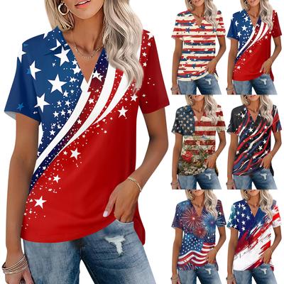 Damen V-Ausschnitt Kurzarm Hemdbluse mit Unabhängigkeitstag Flagge und Blumendruck Lässiger Lockerer Schnitt Bequemes Blusenhemd
