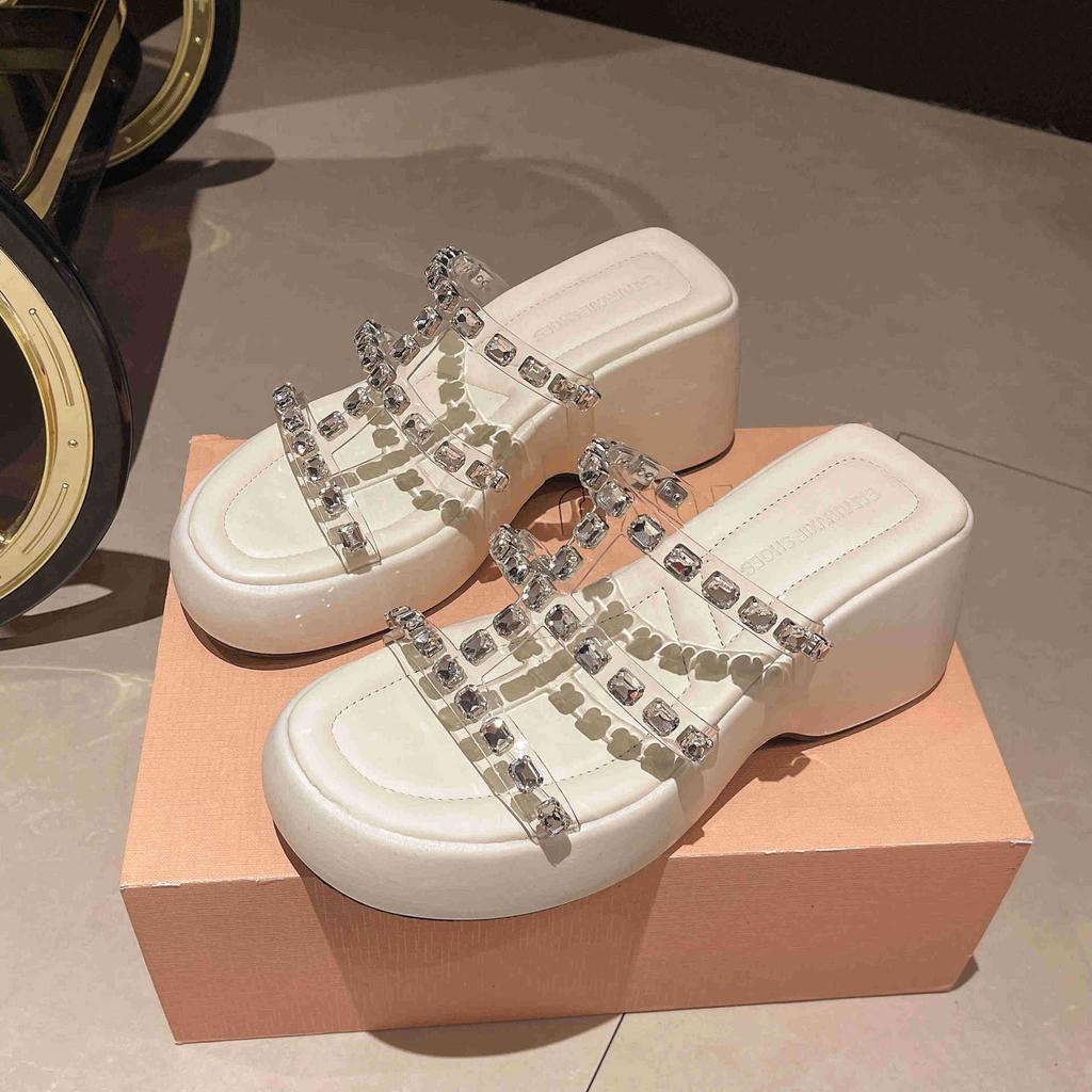 Thick-bottomed rhinestone transparent cool slippers for women to wear new summer muffin versatile casual one-word drag