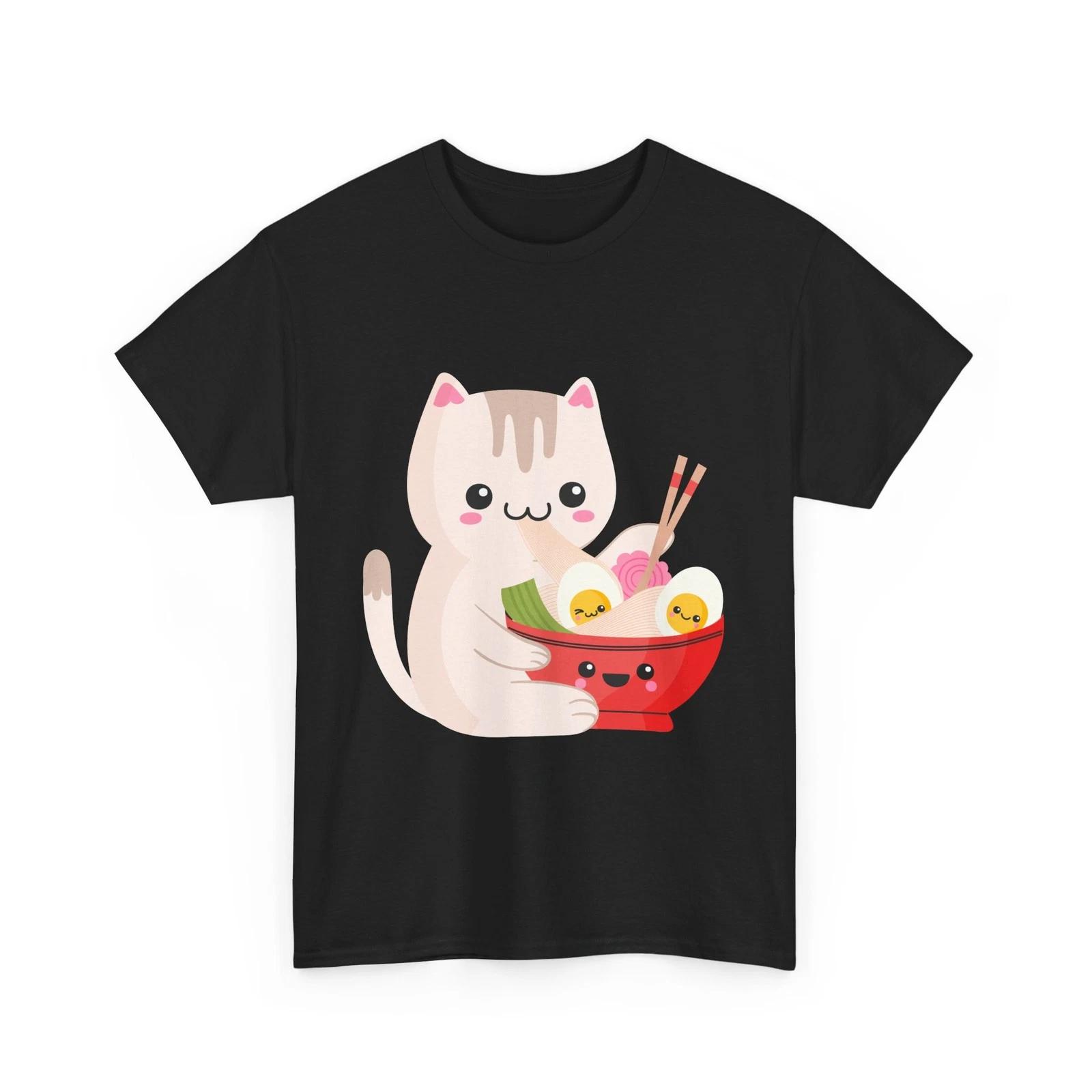 Kawaii Cat Eating Ramen Shirt, Japanese Food Lovers Kawaii Kitten Lovers Shirt 2XL