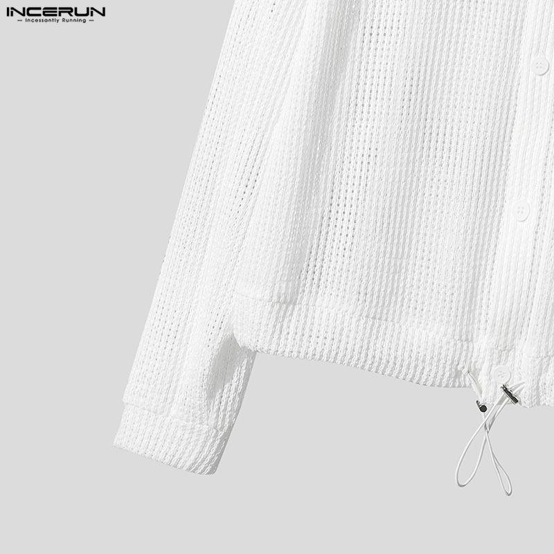 INCERUN Oversized Men Long Sleeve Hollow Webbing Casual Loose Cropped Tops Shirts