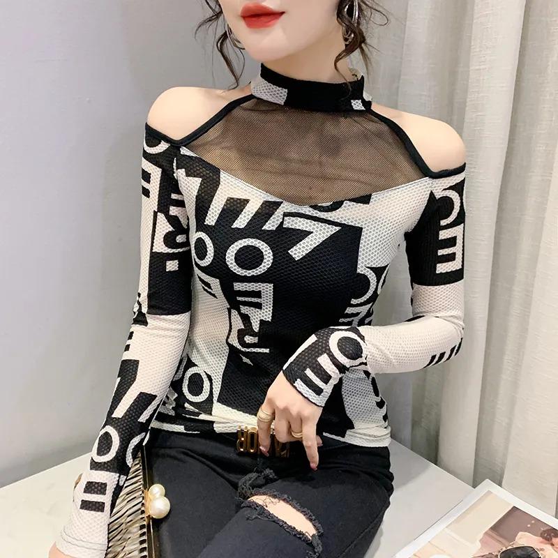 

Spring and Autumn New Style Creative Stitching Hollow Mesh Off-shoulder Slim Long-sleeved Women s Bottoming Shirt Trendy 3XL