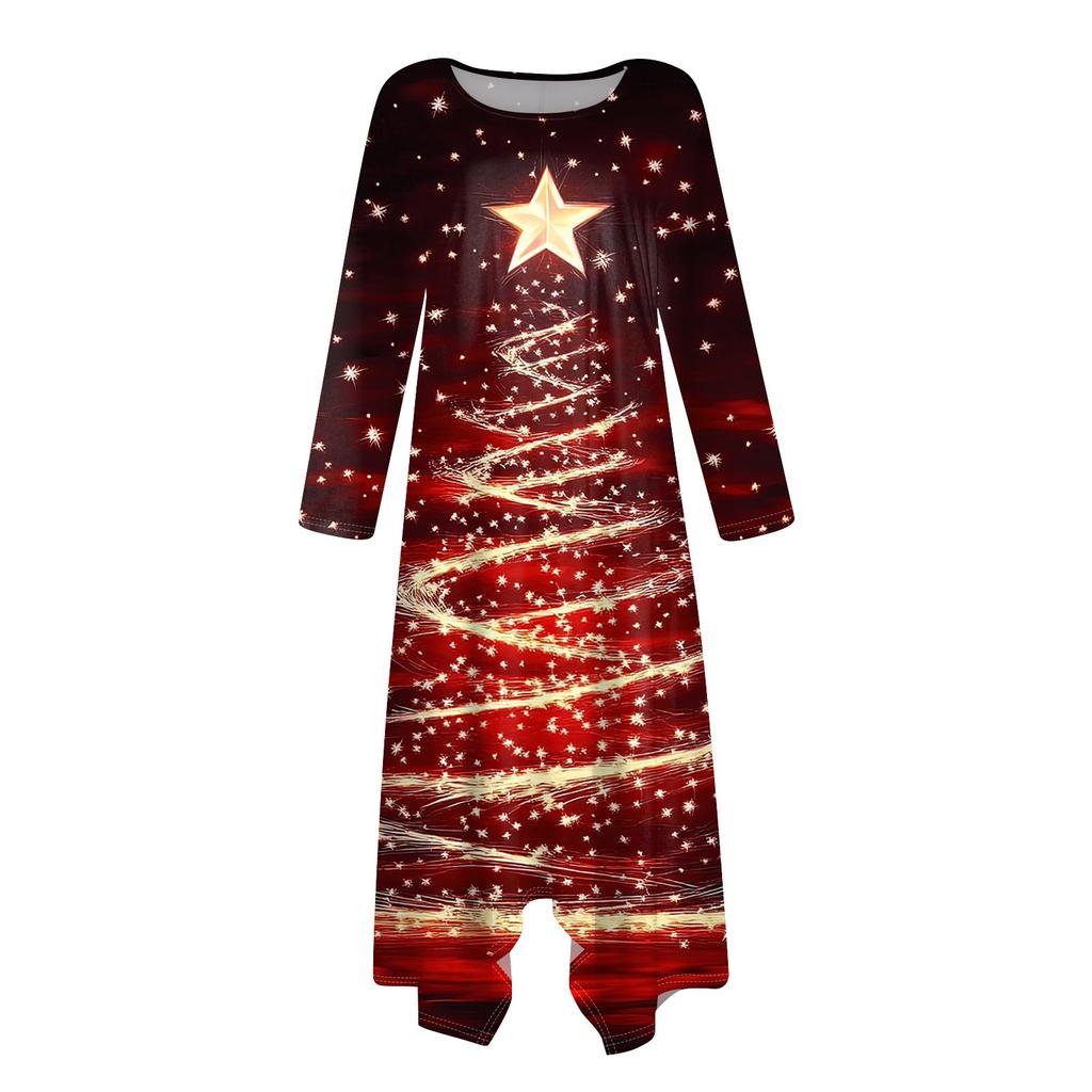 Women's Casual Fashion Round Neck Long Sleeve Print Irregular Hem Midi Dress