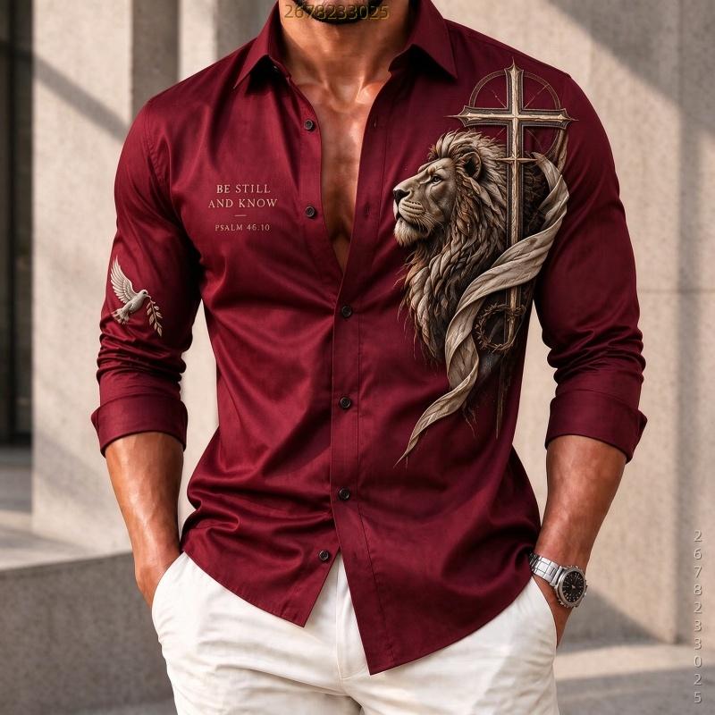Men's Shirt New Style Retro Lion Art Printed Long Sleeved Shirt Cross Collar European and American Men's Top Casual Shirt