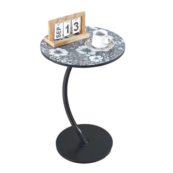 C-shaped Side Table with Floral Tabletop Metal Frame Office Living Room Bedroom