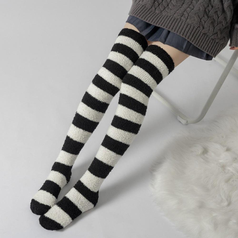 

Long Tube Striped Stockings Coral Velvet Warm Leg Wear Fuzzy Women s Knee Length Socks Winter 10
