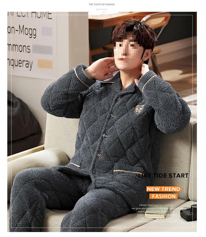 

G5Z Men s Winter Pajamas: Thick Quilted Flannel Jacket and Plus Velvet Set. L