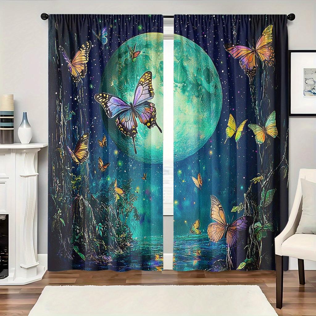 2pcs Moonlight Butterfly Print Curtains - Light Filtering Design   Durable Polyester Fabric   Machine Washable   Classic Style for