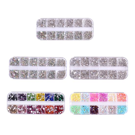1 Set Round Nail Art Rhinestone Kit 12 Grids Assorted Size Decoration Fake Gems