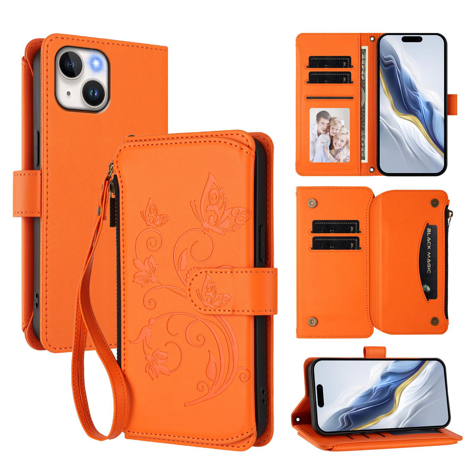 

For iPhone 15 Leather Case Butterfly Floral Imprint Zipper Wallet Stand Cover with Wrist Strap