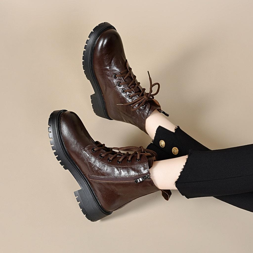 Martin boots women's autumn and winter new lace-up leather boots thick heel casual flat boots basic round head women's boots short boots