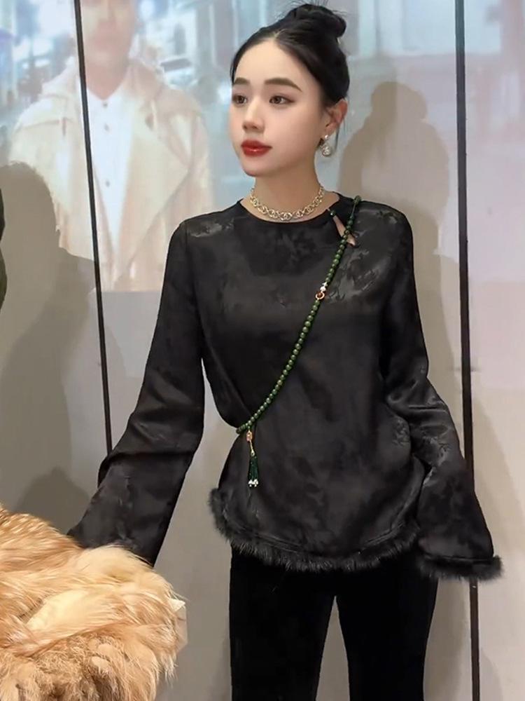 

Женская рубашка в китайском стиле с длинными рукавами, меховой отделкой и пуговицами, осень/зима Extra Large чёрный