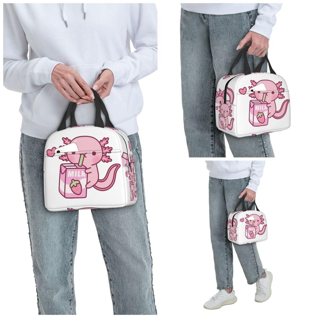 Cute Axolotl Loves Strawberry Milk Doodle Insulated Lunch Bag for Kids School Cooler Thermal Food Box Tote Lunch Boxes Container