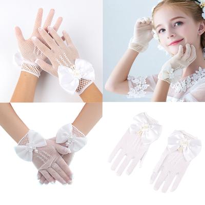 1 Pair Lace Girls' Formal Gloves Comfortable Nylon Fabric Mittens for Wedding Dresses and Special Occasions White/Black