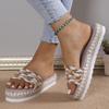 Women's Wide Width Bohemian Platform Slides - Woven Design with Metallic Trim, Outdoor Casual Mules