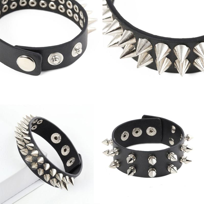 Spiked Studded Bracelet Black Leather Rivets Punk Bracelet Cuff Wrap Bangle Metal Snap Button Wristband for Men Women
