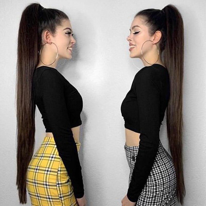 80CM Super Long Straingt Drastring Ponytail Synthetic Hair Extensions Black Brown Pony Tail Heat Resistant Fiber KTB