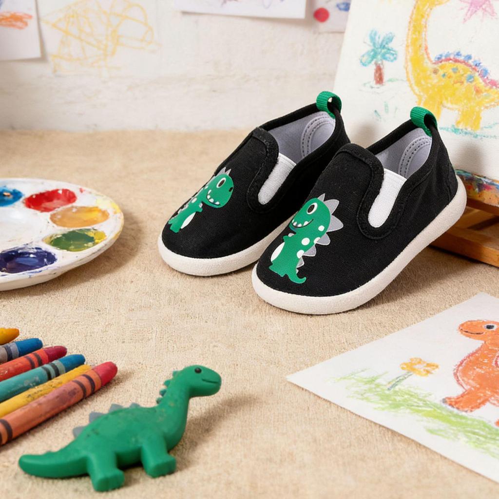 Eva Spring Dinosaur Canvas Shoes – Toddler Slip-On with Double Velcro and Soft Sole