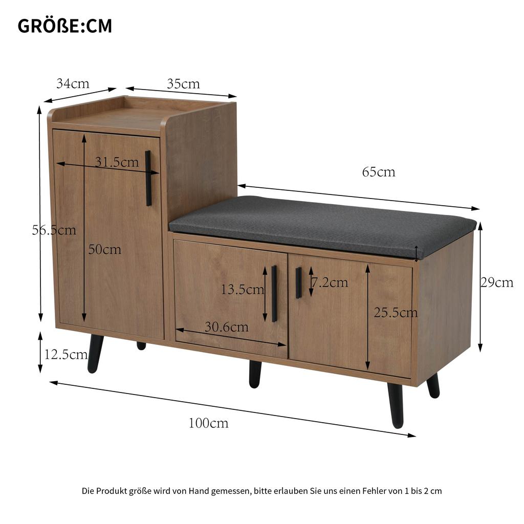 Modern Shoe Bench with Three Storage Doors, Asymmetrical Metal Handles and Multiple Levels for Storage - W100/D34/H69 cm(Old Sku N657P192524N)