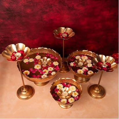 Crown Bowl Hammered Urli Stand with Floating Flower Diya For Home Decor & Festival Decor Urli Show Piece - 9 Pieces Combo