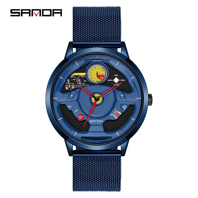 Sanda Personalized Men s Skeleton Quartz Watch with Cool Steering Wheel Design and Waterproof Mesh Strap