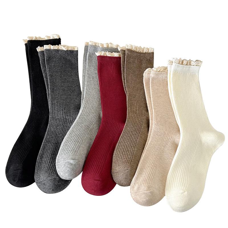 Female Spring and Autumn Solid Color Lace In The Tube Pile Pile Cotton Socks