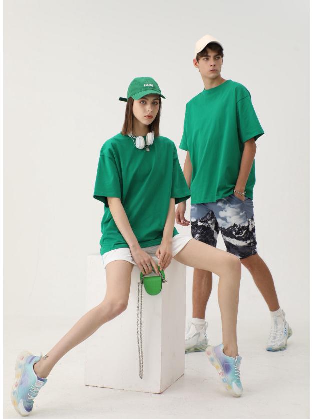 Men's Trendy Round Neck 230g Heavyweight Cotton Short-Sleeve T-Shirt - Loose Fit, Solid Color