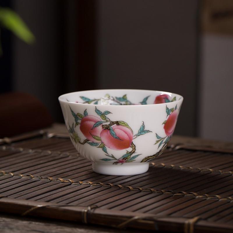 Ceramic Tea Cup Peach of Longevity Hand Painted Master Cup Chinese Gongfu Tea Set Birthday Gift Porcelain Crafts