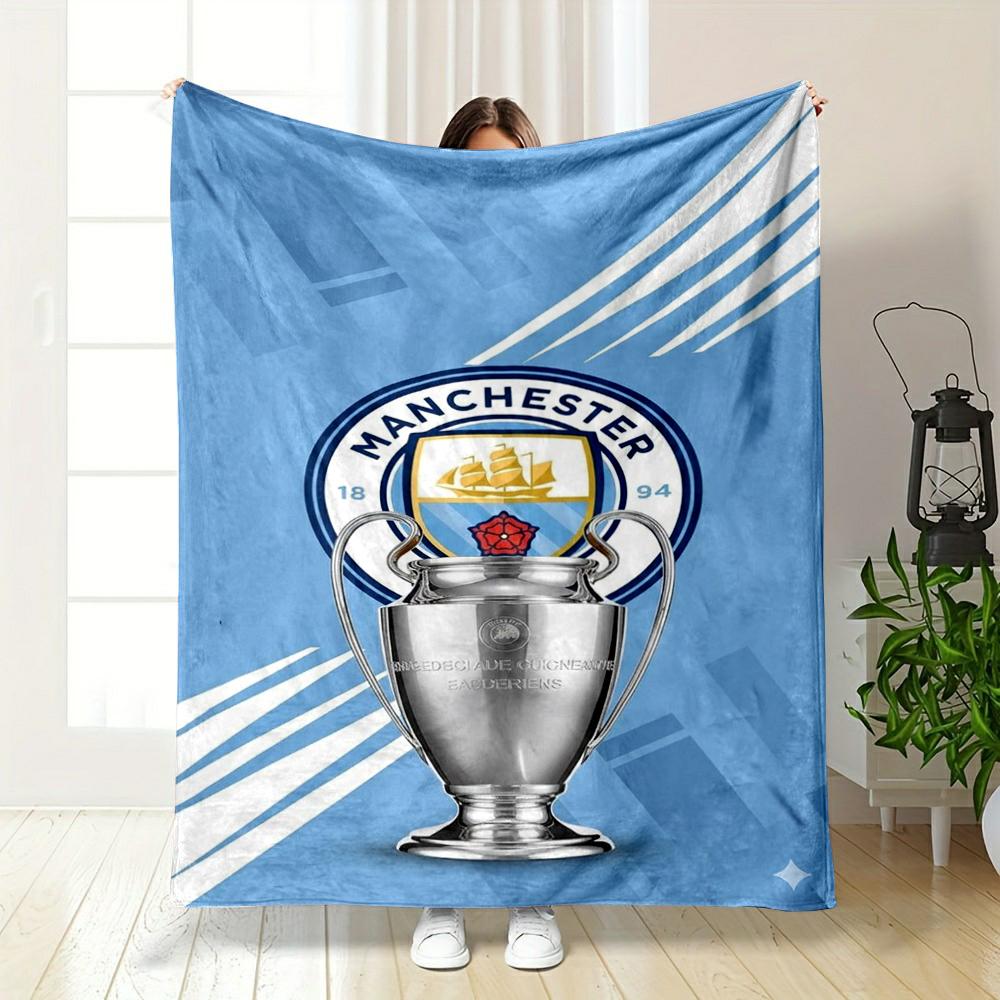 Manchester City Trophy Design Warm Blanket Flannel Blanket for Bedroom, Living Room, Sofa, and Nap Sofas