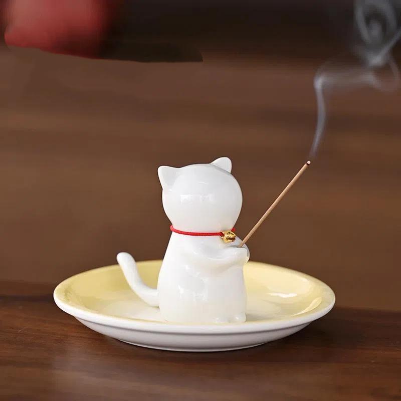 Cute Wishing Cat Ceramic Incense Burner Decoration Indoor Line Incense Holder for Tea Table | Temples Yoga Studios Home Decor