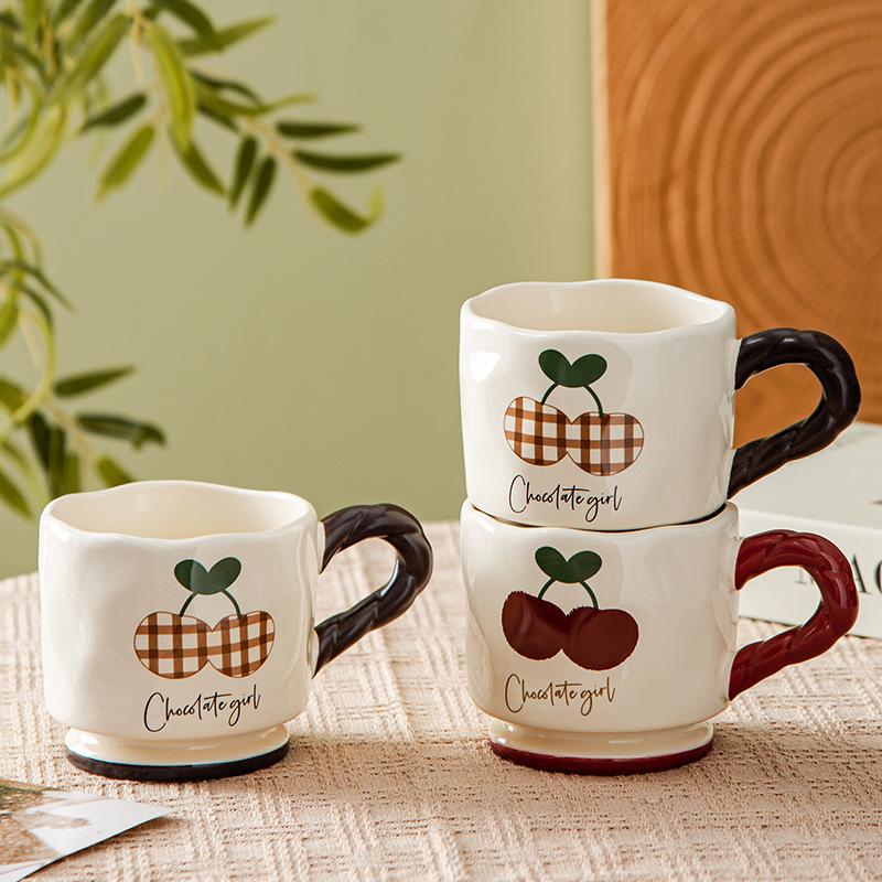 Medium Retro High value Cherry Plaid Ceramic Mug Home Casual Cup Milk Breakfast Cartoon Creativity