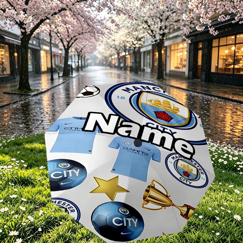 Custom Name Personalized Manchester City FC Print Umbrella, Auto Open Close, 8‑Rib Sturdy Frame, Commute Camping Hiking Use, Birthday Gift