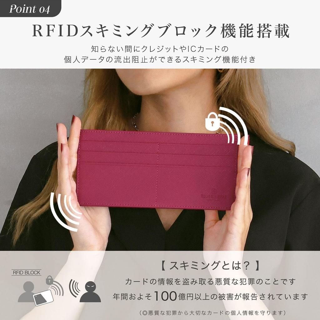 Genuine Leather Long 6 Card Slim Wallet with Bill Coin and Fragment Case SW2 [BLUE SINCERE] Ultra-thin Wallet, RFID, Slots, Anti-Skimming, Women's