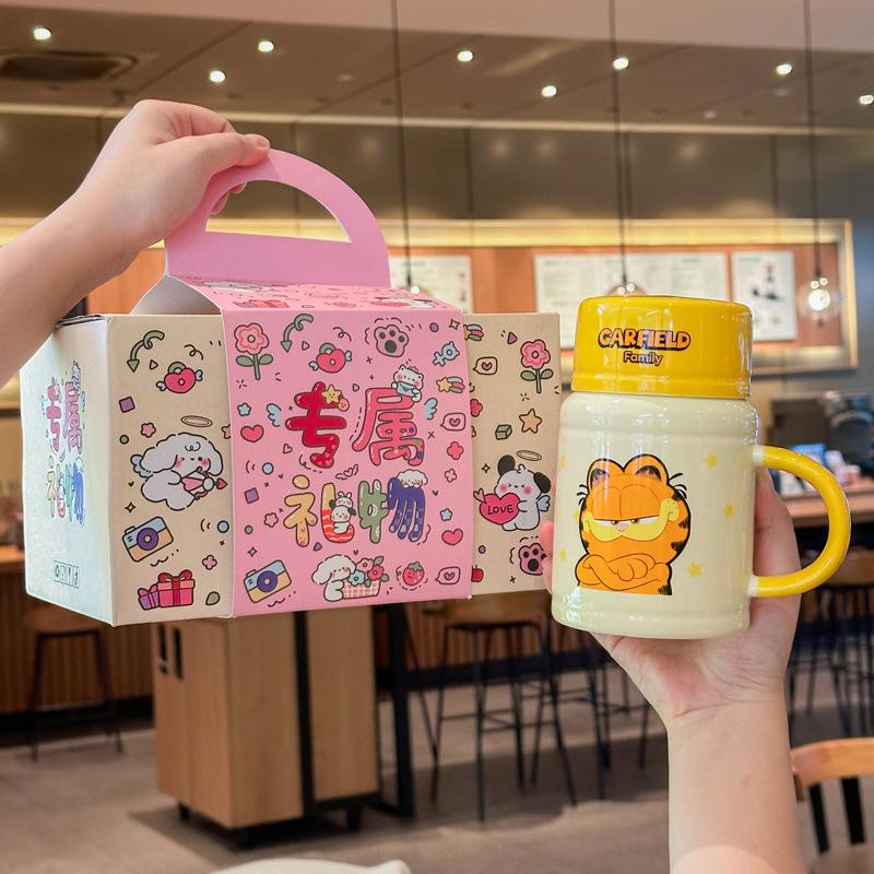 Birthday Gift for Girls Cute Garfield Ceramic Kettle Cartoon Mug with Lid Girlfriend Gift Box