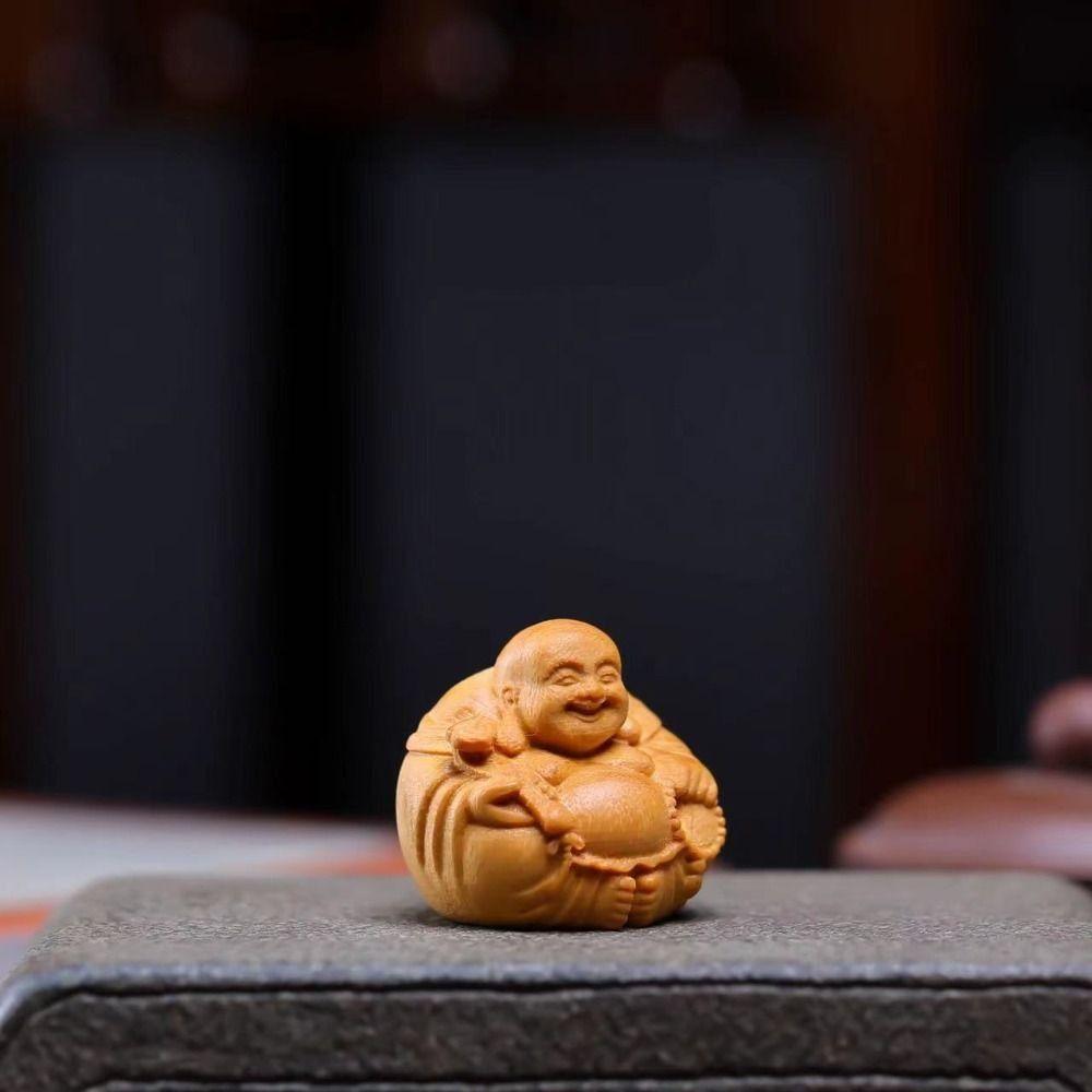 Woodcarving Laughing Buddha Maitreya Sculpture Mini Wooden Buddha Statue Craft Miniature Handmade Statue Children