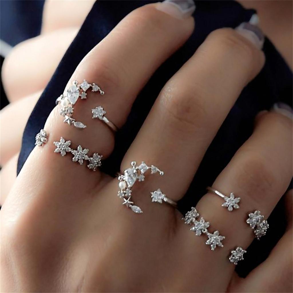 5PC Women Bohemian Star Moon Wedding Lover Crystal Stack Rings Set