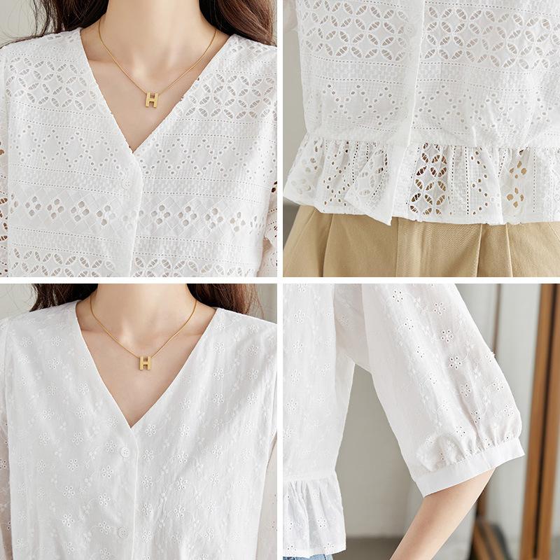Embroidered Hollow White Shirt Women's Five-quarter Sleeve Summer Small Short Top